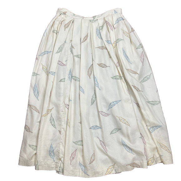 80s Liz Claiborne Size 14 Rayon Midi Pleated Pastel Feathers Cream Stripe Skirt - Picture 1 of 10